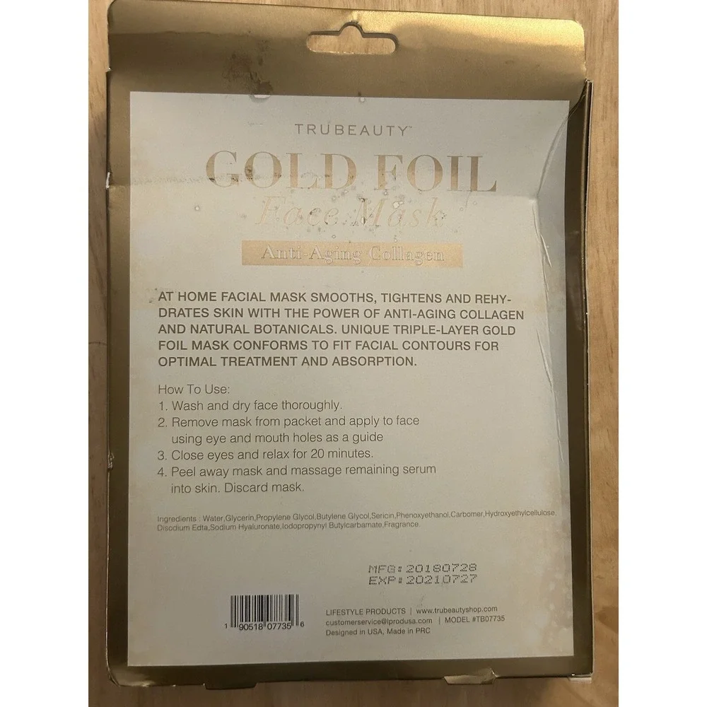 Tru Beauty Gold Foil Face Mask 5 Pack Anti Aging Collagen Triple Layer Gold Foil